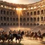 Placeholder: A scene unfolds in ancient Rome, where a grand carousel of gladiators and gladiatrix spins amidst the cheers of the crowd. The sun sets over the Colosseum, casting a golden glow on the fierce fighters as they whirl past on their majestic steeds. The gladiators, clad in shining armor, wield their weapons with practiced skill, their eyes fierce and determined. The gladiatrix, with flowing robes and weapons in hand, exude a fierce grace as they ride alongside their male counterparts. The carousel