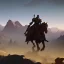 Placeholder:  mountains with medieval knight in armour traveling on a horse in the background