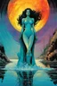 Placeholder: Create a fine art print , full body illustration of an epic fantasy Lady of the Lake , with finely lined and detailed facial features, in the comic book style of Bill Sienkiewicz, Philippe Druillet, and Jean Giraud Moebius, precisely drawn, colored and inked