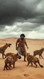 Placeholder: A man standing in the desert sands surrounded by hyenas try to attack him and he is trying to defend himself , a stormy weather and cloudy gray depressive rnverment