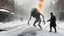 Placeholder: TALL NASTY ALIEN CREATURE HALF MACHINE FIGHTING A BRITISH SOLDIER, snowy london street 1898, the snow, SNOW ON THE GROUND, BURNING DEBRI LIES ALL AROUND, PHOTO REALISTIC, EPIC, CINEMATIC