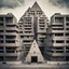 Placeholder: Brutalist concrete totalitarian cityscape orderly symmetric pyramids towers sprawling realistic photograph