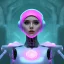 Placeholder: Cute hijab woman in a robotic suit,purple and pink backlight, profile