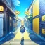 Placeholder: yellow brick road, road signs, arrows, direction, anime girl walking, detail on the girl standing with her back facing, holding arrow in her hand, anime girl