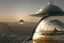 Placeholder: clear dome topped flying saucer with beautiful woman inside the flying saucer flying over future alien city
