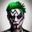 Placeholder: Keith Flint symmetric geometric portrait, realistic 3d anime , green hair, black metal facepaint, red eyes