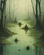 Placeholder: A light yellowish dark green swamp with bugs in daylight painted 3 people’s heads of humans coming out of the water