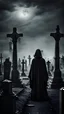 Placeholder: Scary figure in black robe stand in the middle of the dark cemetery, gray tones