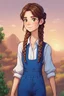 Placeholder: A girl with brown hair in two braids with brown eyes and a blue jumpsuit with a white shirt underneath, stardew, valley style