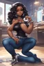 Placeholder: Create a futurism magna art of a black chibi curvy female sitting on the floor looking at herself in a hand mirror. She is wearing tight blue jeans and a black off the shoulder blouse. Prominent make up with lush lashes. Highly detailed long wavy hair. She is also wearing silver large hoop earringsart of a black chibi curvy female sitting on the floor looking at her cell phone. She is wearing tight blue jeans and a black off the shoulder blouse. Prominent make up with lush lashes.