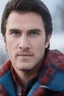 Placeholder: Blue eyes, close-up facial portrait - a Bright, well-lit UHD, 1080p 32k, photograph - winter time, hunting season, part Jesus Christ, part Elvis Presley with a mustache and short crew-cut hair, part Lee Majors, Part red and black checkered wool coat, blue jeans, cowboy boots, plaid shirt, sunbursts, crosses, 3D lighting, diamonds, hearts, Butterflies, Clovers, Roses, extremely colorful,