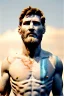 Placeholder: Realistic image, Roman sculpture made in white marble with gold veins, Lionel messi with gold laurel leaves crown, two blue brushes paint, decorative star on the chest, waist up portrait, marble material, gold ornaments, Baroque style, sun rays background, epic, celestial, cinematic lighting, God lights, 4k resolution, smooth details, soft lighting, unreal engine 5, art station, substance 3d.