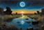 Placeholder: Dark blue sky with one exoplanet in the horizon, rocks, puddle, weeds, sci-fi movies influence, epic, ernest welvaert and emile claus impressionism paintings