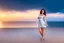 Placeholder: very nice real face beautiful sexy roman with make up at the beach standing pose in a short lace dark blue and silver dress, full body, 3D cloudy sky volumetric nice clouds 8k sharp focus,sunset,golden hour,medium shot