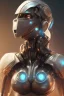 Placeholder: Hannah Hoekstra, robotic armor, cristal brown eyes, portrait busty and face, light effects, particles, explosion fire,