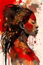 Placeholder: intricate and abstract Japanese ink wash illustration, wabi-sabi inspired stylized silhouette of an African-American woman. close-up composition showcases her long hair, detailed hazel eyes, and a modern urban street punk aesthetic. adorned with ink splatters, gold daubed specks, and features calligraphy and collage elements. The limited color palette consists of red, orange, gold, and black; reminiscent of traditional ukiyo-e styles, with a contemporary twist --no text or words