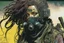 Placeholder: front facing full length portrait illustration of a grunge armored female with beaded dreadlock hair cyberpunk vampire mercenary with gas mask, telecommunications headset, and shemagh, highly detailed with gritty post apocalyptic textures, toxic irradiated landscape, finely detailed facial features and hair, in the graphic novel style of Bill Sienkiewicz, and Jean Giraud Moebius