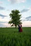 Placeholder: The Green Grass field under a beautiful moon and cloudy sky in the beautiful sunset .A big Tree with green leaves standing in the middle , a couple hugging each other in romantic theme under the tree