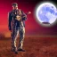 Placeholder: cyborg one man band, instruments, full moon background center large, steampunk style, horizontal image, 3d, hd