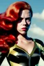 Placeholder: retro portrait image from 1960, sky background, wind, long red hair, fighting stance, sweet young Scarlett Johansson, black dress, classic long tight lycra black suit, gold bracelet and belt, high heel boots, superhero style, soft color, highly detailed, unreal engine 5, ray tracing, RTX, lumen lighting, ultra detail, volumetric lighting, 3d, finely drawn, high definition, high resolution.