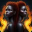 Placeholder: 3D. Detailed Painting .realistic. Dark skin women. Beautiful. the faces of two young black women. Warm. Fire nymphs emerging from the flames.red.. Energy. Focus. THeir hair looks like smoke .smoke curling. Dreadlocs. Their skin is the colour of charcoal . Their hair moves like smoke. . their clothing is made of flames, red. Orange. Yellow. White and gold