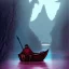 Placeholder: Charon the ferryman in his boat on the river Styx, red black purple colours, 8k, high definition, fantasy art, winding river, sharp jagged rocks, high contrast colours, sharp colours