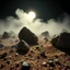 Placeholder: A striking quality close-up photograph captures a wasteland with odd stones, liquids, spooky, creepy, details of the dust very accentuated, glossy, organic, adorned with minerals and rocks, fog. Bathed in intense light, eerie, Yves Tanguy and Max Ernst style, black sun, fog, volumetric light