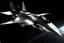Placeholder: A shiny silver aerospace plane with delta wings, canards, blacked out windows, and rocket fire shooting from side mounted vectored thrust engine nozzles zipping through outer space over the planet Jupiter