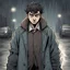 Placeholder: a closeup of a young man in a heavy coat during a rainstorm having a psychotic breakdown cartoon