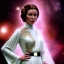 Placeholder: model shoot style, digital art zoomed out portrait of (Princess Leia) ((dressed in white and off white gown)), surrounded by 100 planets, ultra-detailed, ultra quality, illustration, eerie atmosphere, 8k, cinematic lighting