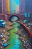 Placeholder: painting of a cyberpunk colourful natural walkway rubbish on the street in the city with pollution and a small bridge by a creek with electric sheep and androids by monet