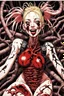 Placeholder: Tank girl, lying pose, his skin turned translucent revealing a network of black veins that extended like roots beneath her epidermis,smiling meanwhile many worms streaming from his mouth, face distorted with pain, screaming, latex suit, highly detailed, fullbody, splashes blood, behind guts rising from the ground, papercut illustration by <Junji Ito>, darkred tones,