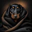 Placeholder: Disney style picture of a black and tan short hair dachshund puppy of 7 months. wrapped up in a blanket, more black than tan