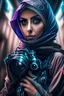 Placeholder: Ultra realistic photo beautiful cyberpunk fantasy woman hijaber, futuristic style, HOF, captured with professional DSLR camera, 64k, ultra detailed, fhoto full body angle Raw.