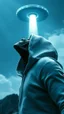 Placeholder: The creature from the the movie Prometheus with white hooded clothes looking up at ufo in the sky 3-2 view