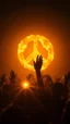 Placeholder: A field of random people rising hands up in a bright lighting , at the the background a huge circle of the peace sign with fire’s texture