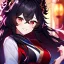 Placeholder: Clear focus, 8k, beautiful lighting, vibrant colors, girl, black long hair, vibrant red eyes, hair in between the eyes, smile, obi, messy hair, princess,