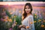 Placeholder: Young woman in flower field in the evening