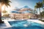 Placeholder: Magnificent 3D representation of a luxurious, modern, completely transparent scale-shaped hotel on a pristine beach. It features elegant and contemporary design elements, such as swimming pools, balconies and floor-to-ceiling windows. The elegant and sophisticated entrance is adorned with palm trees and a futuristic terrace. Bright colors. Constructed with transparent glass