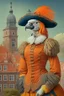 Placeholder: Female Half parrot half human in a 1700s Orange Dutch uniform next to a Dutch city