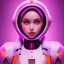 Placeholder: Cute girl in a robotic hijab suit, purple and pink backlight, orange lighting, profile