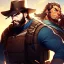 Placeholder: Portrait. Bearded gunslinger with short brown hair and serious blue eyes.