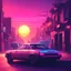 Placeholder: car time machine in a street, synthwave picture style with light pixel, the sunset on the horizon, with a big pixelated sun