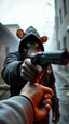 Placeholder: a hooded rat gangster holding a gun toward you , realistic , pro photography , high quality, and cinematic scene