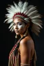 Placeholder: Traditional Native American , full body side view, looking at the viewer, white make up on her face, big hair with large , traditional si, studio photograph, very aesthetic, highly detailed, brilliant composition, hyper realistic, photorealistic, subsurface scattering matt painting