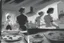 Placeholder: black and white storyboard, couple on foreground, we don t see them well because they are close and between them in the middle we see 3 cooks, scattered throughout the kitchen