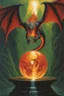 Placeholder: dragon attacking a magic orb full of dragon fire. dragon with huge cloned wings. perfectly drawn claws. fantasy setting. . painted by Larry Elmore