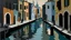 Placeholder: A gray shadowy oily river in a Venice like city painted by Stuart Davis