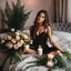 Placeholder: a young nice skin girl sitting on a couch holding a bunch of flowers, hair , sitting on the edge of a bed, roses and lush fern flowers, with big eyes, in a room full of candles, a microscopic photo, cute photograph, from left