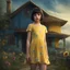 Placeholder: thin 12 year old girl with dark pixie cut hair, blue eyes, wearing a pretty yellow summer dress, outside a small house , photorealistic, dark fantasy